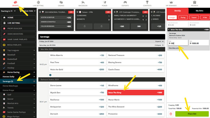 Example showing the clicks to place at bet on the Belmont Stakes at fixed odds.